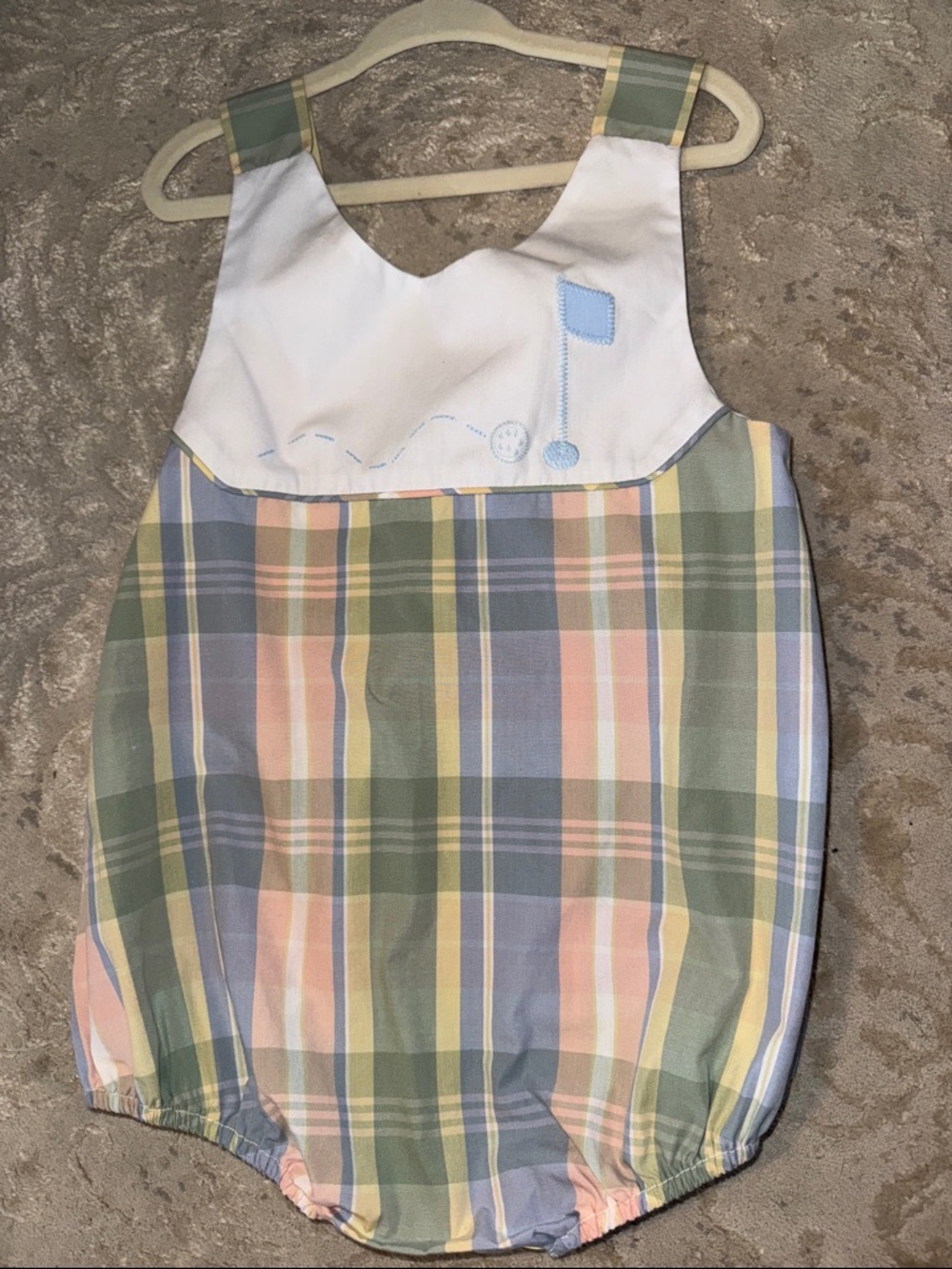 The Beaufort Bonnet Company Pastel Plaid Baby Romper with Golf Embroidery